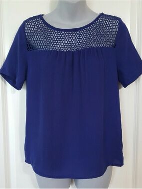 AB Studio Royal Blue Short Sleeve Blouse with Crochet Yoke